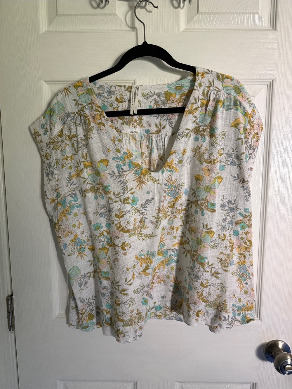 Anthropologie White Floral Blouse with Mint & Mustard Accents